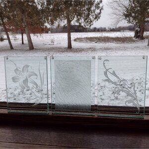 Glass Art Design Minneapolis MN Signed Floral Stucco Engraved (3) Glass Wall Art